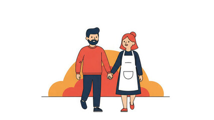 A cartoon illustration of a smiling man and woman holding hands