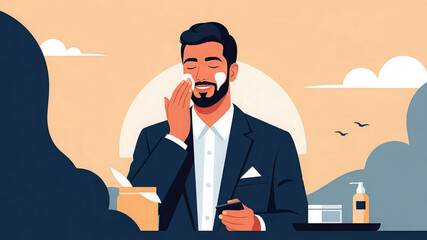 A man in a business suit applies cream to his face with a phone
