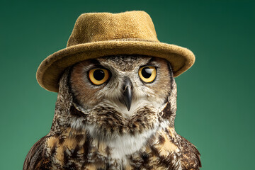 Owl wears a hat, posing against a solid green background in a playful setting during bright lighting