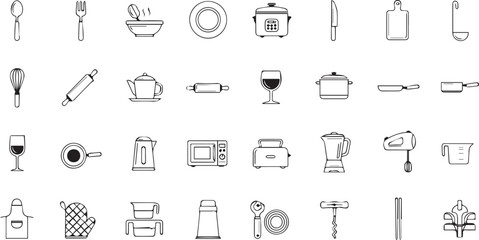 Fototapeta premium Minimalist Kitchenware Line Icons and Modern Cooking Utensil Symbols Set for Culinary Arts and Restaurant Menu Design.