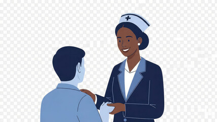 Nurse in blue uniform smiling and checking patient on transparent
