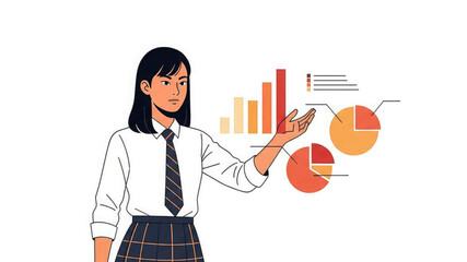 Young businesswoman presenting data charts and graphs