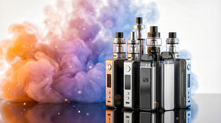 Vapes arranged artistically on a reflective surface, surrounded by colorful vapor clouds, showcasing modern design and technology in a vibrant atmosphere with copy space