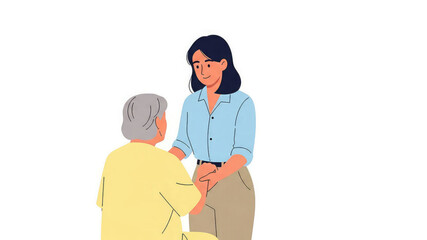 A young woman assisting an elderly person with a supportive gesture