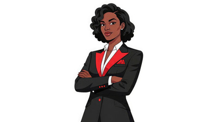 Confident cartoon businesswoman in black suit with red accents
