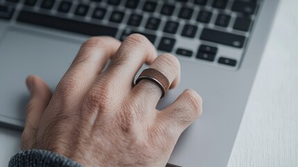 Adult hand resting beside laptop keyboard spinning fidget ring  