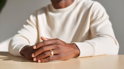 Adult man seated at minimalist desk gently spinning ring while thinking concept of Spinner & fidget rings  