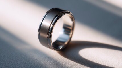 Close-up shot of spinner ring reflecting light with smooth metal surfaces  