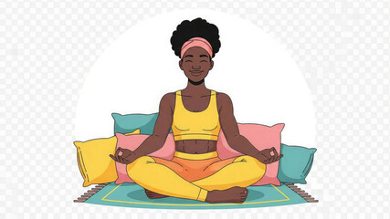 A serene dark skinned woman in yellow activewear sitting in lotus