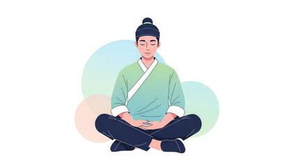 A serene asian man meditates in a peaceful lotus position with eyes