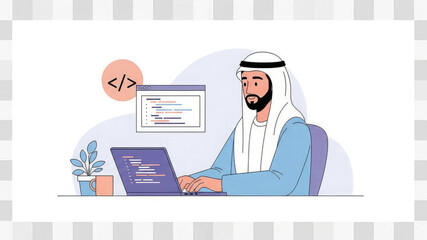 Arabian man in traditional attire working on laptop with coding