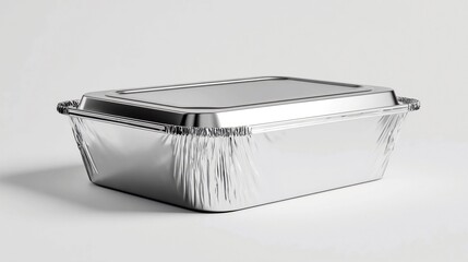 Shiny aluminum foil takeout container with lid on white background