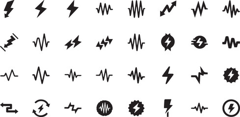 Fototapeta premium Minimalist Electrical Waveform Icons and Modern Power Pulse Lightning Symbols Set for Tech and Energy Branding.