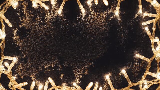 Festive String Lights on Dark Surface - The video showcases warm white string lights arranged in a circular pattern against a textured, dark background.