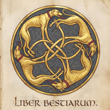 A medieval bestiary illumination featuring four golden greyhounds interwoven in an intricate circular knot. A detail from a historical manuscript.