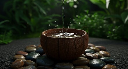 Water pouring into brown bowl on wet stones in garden