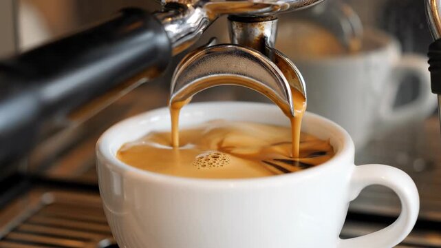 Close-up of espresso pouring from a coffee machine into a white cup. Brewing a fresh double shot with rich crema. Morning coffee preparation concept