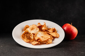 Apple chips dried apple sweet slices natural healthy food main course ingredient appetizer fresh tasty table setting gourmet food background rustic food top view copy space keto and paleo diet 