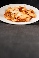 Apple chips dried apple sweet slices natural healthy food main course ingredient appetizer fresh tasty table setting gourmet food background rustic food top view copy space keto and paleo diet 