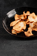 Apple chips dried apple sweet slices natural healthy food main course ingredient appetizer fresh tasty table setting gourmet food background rustic food top view copy space keto and paleo diet 