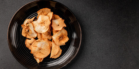 Apple chips dried apple sweet slices natural healthy food main course ingredient appetizer fresh tasty table setting gourmet food background rustic food top view copy space keto and paleo diet 