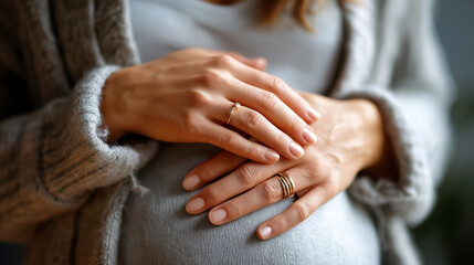 Close-up pregnant belly with mother hands, gently resting on baby bump, intimate maternity moment, prenatal care emotional family connection, expecting mother unborn child bond, wi