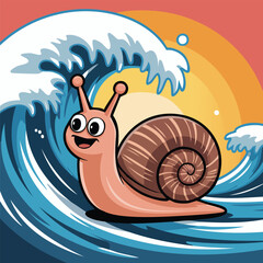 A cheerful cartoon snail with a brown shell happily surfs a large blue ocean wave during a vibrant sunset. © DediGalihWisnumurti