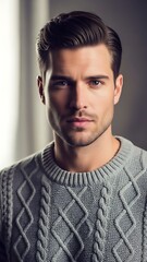 Obraz premium A handsome young man wearing a gray sweater looking directly at the camera