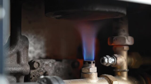 Close-up of a blue gas flame burning in a boiler. Industrial heating system with metal pipes and nozzle. Natural gas energy concept