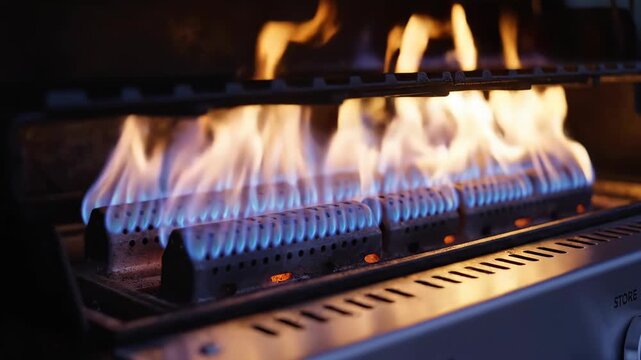 A gas grill burner ignites with hot blue and orange flames. Close-up of a barbecue heating up for cooking. Fire, heat, and energy