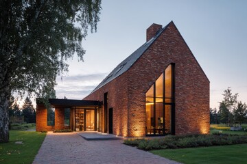 Fototapeta premium Modern brick house in rural setting with large windows during sunset, showing clear design lines and warm light illuminating the exterior