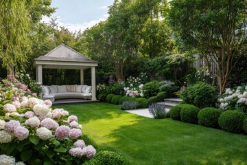 Nestled in a residential yard, a charming garden features a cozy seating area surrounded by vibrant blooming flowers and lush greenery, illuminated by the warm sun of a beautiful summer day