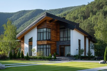 Modern house situated in a mountainous area with trees around, showing contemporary architecture and a well-kept garden on a sunny afternoon