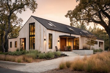 A contemporary wooden house featuring expansive windows is nestled among trees, all illuminated by the warm glow of sunset in a tranquil neighborhood setting