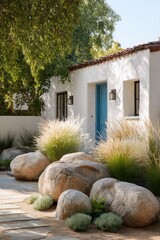 A garden area featuring natural stones and lush green grass lies beside a charming white house adorned with a striking blue door, all basking in the warm glow of daylight in a sunny locale