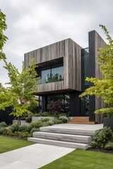 Modern house design with wooden exterior and large windows in a residential area surrounded by green trees and plants near the entrance steps on a cloudy day