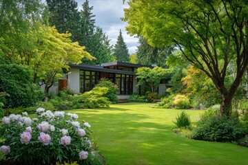 A contemporary architectural structure is nestled within a vibrant garden filled with blooming flowers and tall trees, all set against a backdrop of a cloudy afternoon sky