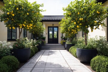 Lush lemon trees create a vibrant border along a charming walkway that leads to the entrance of a beautiful home nestled in a sunny garden setting, basking in daylight