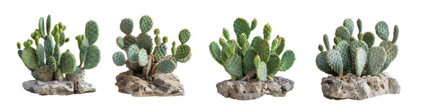 Four realistic prickly pear cactus plants with rocky soil bases isolated for design use on transparent background