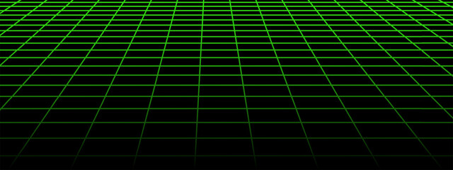 Horizontal green neon grid in perspective. Laser tile floor texture. Checkered plane pattern. Virtual reality wireframe surface. Futuristic geometric design. Mesh background. Vector ilustration