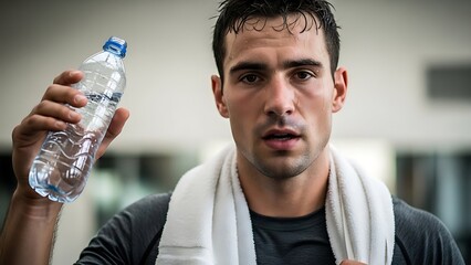 A fit man drinking water from a bottle in a modern gym