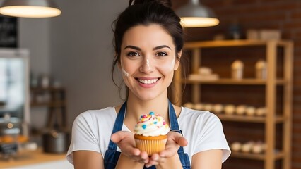 A smiling woman in a blue apron holding a cupcake with colorful sprinkles