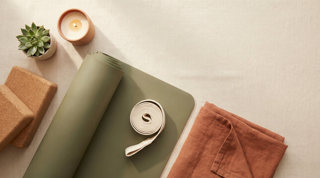 Yoga flat lay, neutral yoga mat, folded blanket, candle and plant, modern wellness lifestyle aesthetic