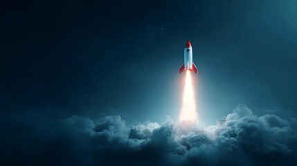 Rocket soaring into the sky with fiery trail through clouds