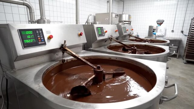 Industrial Chocolate Production Melting Process in Large Stainless Steel Conche Machines with Digital Displays and