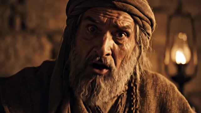 An intense close-up of an elderly storyteller with a long beard speaking. An ancient prophet telling a dramatic historical tale by lamplight