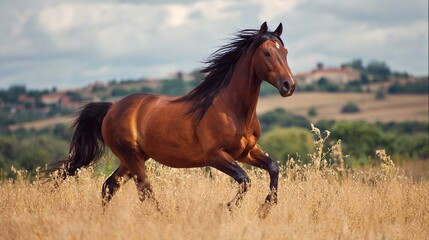 Majestic brown horse running freely in a golden field