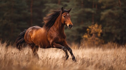 Majestic brown horse running freely in a field of dry grass