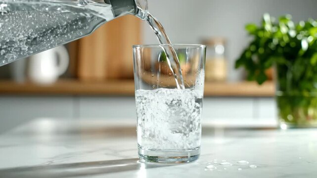 Pouring fresh clean water from a pitcher into a glass in slow motion. A refreshing drink on a modern kitchen counter. Hydration and healthy lifestyle concept