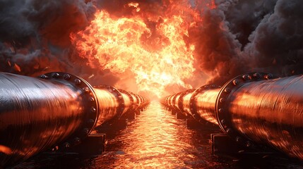Industrial pipeline explosion with flames and smoke rising